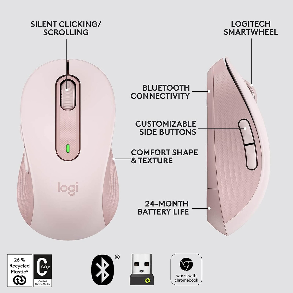 Logitech Signature M650 Silent Bluetooth Mouse - Rose